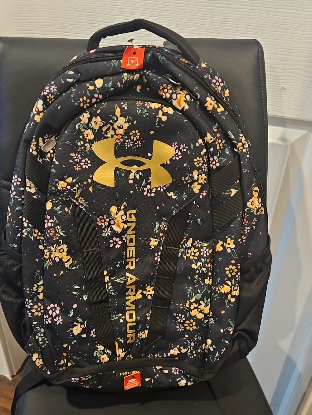 Under Armour Black Floral Backpack with Gold Logo Accents